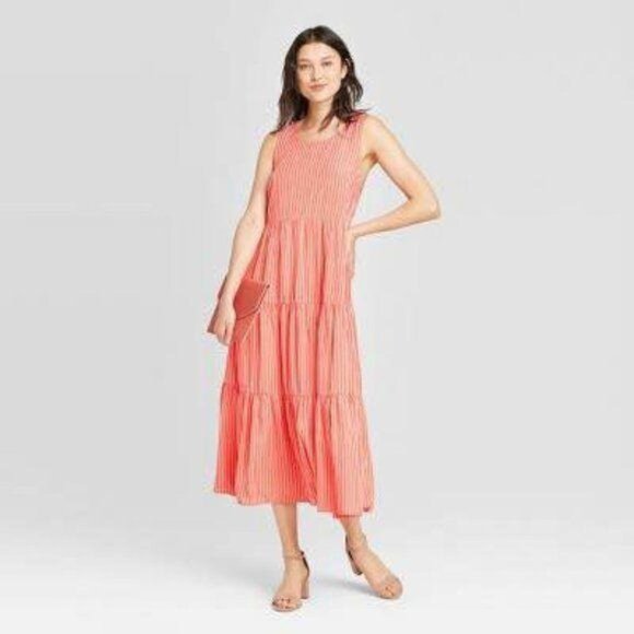 NEW A New Day Striped Coral Tiered Dress - Picture 1 of 5